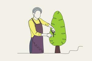 kleur illustratie van een tuinman snoeien een boom vector