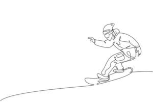 een doorlopende lijntekening van jonge sportieve man snowboarder snowboard rijden in alpen besneeuwde poeder berg. winter levensstijl sport concept. dynamische enkele lijn tekenen ontwerp vector grafische afbeelding