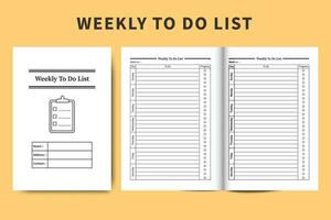 wekelijks naar Doen lijst notitieboekje en taak tracker vector. taak organisator en werk ontwerper lijst interieur. wekelijks werklijst dagboek interieur sjabloon ontwerp. naar Doen lijst logboek en taak ontwerper logboek. vector
