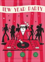 nacht club retro nieuw jaar en Kerstmis partij uitnodiging. Jaren 60 - jaren 70 stijl Kerstmis poster met dj de kerstman claus en dansen mensen in de achtergrond. vector