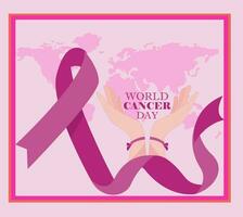wereld kanker dag concept. vector illustratie met twee handen vasthouden schrijven en roze magenta kleur combinatie Aan kaarten en lintje.