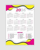 muur kalender 2024, 2024 kalender, een bladzijde kalender ontwerp, kalender 2024, kalender ontwerp met vakantie vector