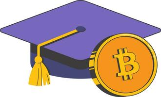 bachelor opleiding hoed, meester hoed met bitcoin munt. vector icoon voor online cryptogeld scholen