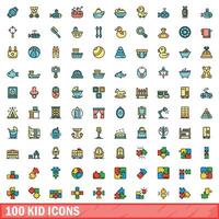 100 kind pictogrammen set, kleur lijn stijl vector