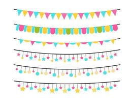 decoratief en schattig kleur partij wimpels voor kinderen verjaardag, baby douche uitnodiging ontwerp decoratie. verzameling van vector carnaval slinger vlaggen met schattig vormen