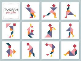 tangram puzzel spel voor kinderen. kleurrijk meetkundig verzameling met geïsoleerd mensen in divers poseert. geïsoleerd tangram mensen pictogrammen Aan wit achtergrond. vector illustratie