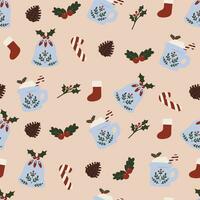hand- getrokken naadloos patroon vector illustratie van schattig Kerstmis elementen. winter vakantie, helder hand- getrokken concept. voor behang, textuur, achtergrond, geschenk wrap, afdrukken, achtergrond, textiel, kaart