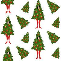 Kerstmis patroon. vrouw in een kostuum van een versierd Kerstmis boom Aan een wit achtergrond. meisje in een boom kostuum voor vieren nieuw jaar en Kerstmis tegen de achtergrond van andere Kerstmis bomen vector