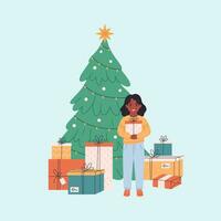 weinig meisje staand met geschenk dozen in de buurt Kerstmis boom en vieren Kerstmis of nieuw jaar vector