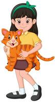 schattig meisje Holding haar kat tekenfilm. vector illustratie
