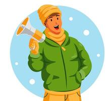 illustratie van een Mens Holding een megafoon in winter kleding vector