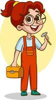 vector illustratie van een klusjesman kind Holding een gereedschapskist en een hamer