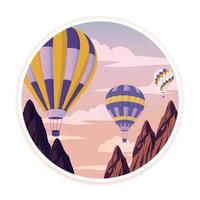 cartoon uitzicht op weg naar berglandschap met heteluchtballon die in de heuvels vliegt vector
