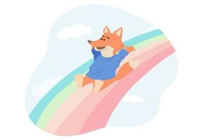 gelukkige vosrit op een regenboog. kwekerij afdrukken. pastel zachte kleuren. vector illustratie