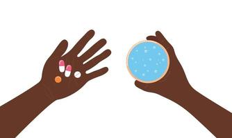 pillen slikken. medicijnen in palm bovenaanzicht. handen van een afic-amerikaanse man met tabletten en water. ziekte behandeling concept. platte vectorillustratie vector