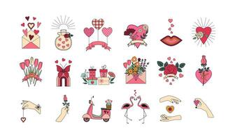 retro wijnoogst Valentijnsdag dag clip art. romantisch symbolen. groovy harten, bloemen, liefde mail, geschenken, handen, flamingo, scooter, regenboog, vlinder. vector