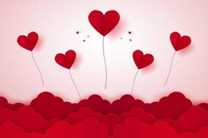 Valentijnsdag, rode hartballonnen die op lucht vliegen, papierkunststijl vector