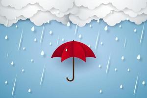 paraplu met zware regen, regenseizoen, papierkunststijl vector