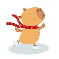 vrolijk Kerstmis groet kaart met schattig het schaatsen capibara in een sjaal. winter sport. vector