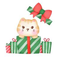 kerstwenskaart met schattige kat in aquarelstijl. vector