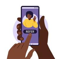 handen met smartphone met een sociaal media-profiel van een afrikaanse vrouw. vector