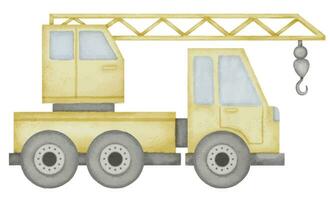 vrachtauto kraan waterverf illustratie. hand- getrokken klem kunst van baby speelgoed- geel autocrane Aan geïsoleerd achtergrond. tekening van auto mobiel hijsen. schetsen van een voertuig voor bouw vector