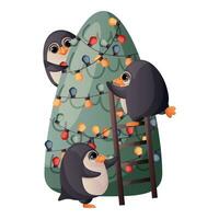 schattig vrolijk Kerstmis pinguïns versieren Kerstmis boom met guirlande. gelukkig pinguïn mascotte vieren nieuw jaar. vogel karakter voor Kerstmis groet geschenk label, kaart, ansichtkaart. winter is komt eraan, warm wensen vector