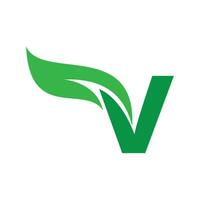 v eerste brief met groen blad logo vector