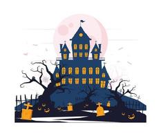 spookkasteel, flores en graven op halloween-conceptenillustratie vector