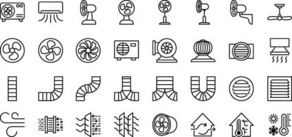 ventilatie uitrusting lijn pictogrammen. lucht conditionering, hvac, koeling huishoudelijke apparaten, klimaat systeem, beluchting. huishouden en industrieel ventilator dun lineair tekens voor op te slaan. oranje kleur. bewerkbare beroerte vector