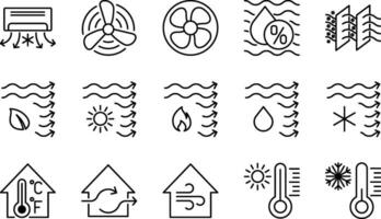 ventilatie vector lijn pictogrammen met lucht conditionering, lucht koeling, fan, vochtigheid, lucht circulatie, ventilatie.