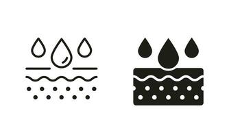 vochtigheid huid pictogram. anti droog huidverzorging, hydraterend gezicht en lichaam huid symbool verzameling. huid laag absorberen water laten vallen lijn en silhouet zwart icoon set. geïsoleerd vector illustratie.