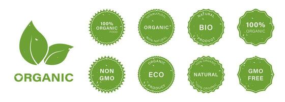 natuurlijk Product rubber postzegel set. ggo vrij grunge label. niet ggo kenteken. biologisch veganistisch eco voedsel pictogrammen. bio gezond kunstmatig vuil sticker verzameling. geïsoleerd vector illustratie.