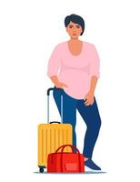 vrouw staat naast bagage, klaar voor reizen of pendelen. koffer en reizen tas. concept van avontuur, reis, verhuizing. vector illustratie.