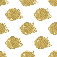 taiyaki naadloos vector patroon. smakelijk Aziatisch toetje in de vorm van een vis. wafel gevulde met zoet Boon Plakken. pannenkoek, straat snel voedsel. hand- getrokken Japans tussendoortje. helder vlak tekenfilm achtergrond