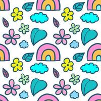 hand- getrokken schattig regenbogen en bloemen tekening tekenfilm illustratie naadloos patroon vector