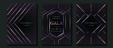 luxe uitnodiging kaart achtergrond vector. gouden elegant meetkundig vorm geven aan, Purper lijnen helling Aan donker achtergrond. premie ontwerp illustratie voor gala kaart, groots opening, partij uitnodiging, bruiloft. vector