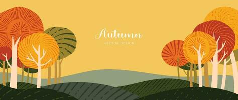 herfst en land landschap achtergrond. seizoensgebonden illustratie vector van bomen, berg, wolk met waterverf, borstel textuur. ontwerp voor voor Promotie, reclame, banier, kaart.