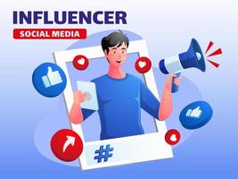 influencer en promoot sociale media met megafoon vector