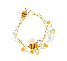 schattige kinder veelhoek frame met bij en lepel, pot honing met boeket vector