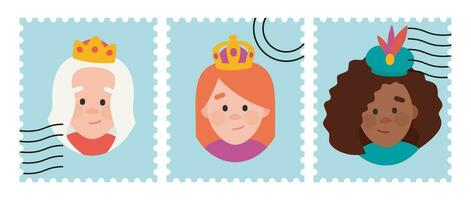 grappig blauw postzegels pakketten van de wijs Dames. de drie koningin van oriënteren, melchiora, gasparda en Balthazara vector