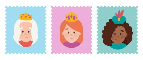 schattig postzegels pakketten van de wijs Dames. de drie koningin van oriënteren, melchiora, gasparda en Balthazara vector