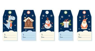Kerstmis geschenk labels. kaart etiketten met draak, de kerstman, peperkoek huis, sneeuwman. verzameling vector verticaal ontwerp Sjablonen. nieuw jaar viering voorbereiding