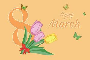 Gefeliciteerd naar Lieve Dames Aan maart 8e. illustratie met tulpen en vlinders. vector. vector
