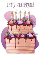 verjaardag groet kaart sjabloon. banier, folder met een taart versierd met room, frambozen, bosbessen en een kaars. gelukkig verjaardag uitnodiging ontwerp voor vakantie, verjaardag, partij vector