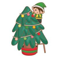 schattig elf versierd Kerstmis boom decoratie achtergrond tekenfilm illustratie vector clip art sticker