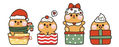 reeks van schattig peperkoek koekje blijven in geschenk doos.vrolijk Kerstmis concept.winter.festival.nieuw jaar.zoet, dessert, snack hand- getekend.cartoon karakter ontwerp.kawaii.vector.illustratie. vector