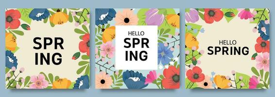 reeks van modieus minimaal voorjaar posters met helder mooi bloemen en modern typografie. voorjaar achtergrond, omslag, uitverkoop banier, folder ontwerp. sjabloon voor reclame, web, sociaal media. vector