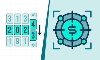 neiging van veranderen jaar overgang of transformatie 2023 naar 2024 met doelwit en dollar geld symbool, perfect naar strategie, investering, bedrijf planning en nieuw jaar concept. vector