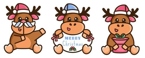 nieuw jaar kleur lijn pictogrammen. reeks van Kerstmis rendieren. tekenfilm grappig herten in de kerstman hoed met feestelijk banier, presenteert, de kerstman snor. hand- getrokken tekening elementen. Kerstmis stickers. vector
